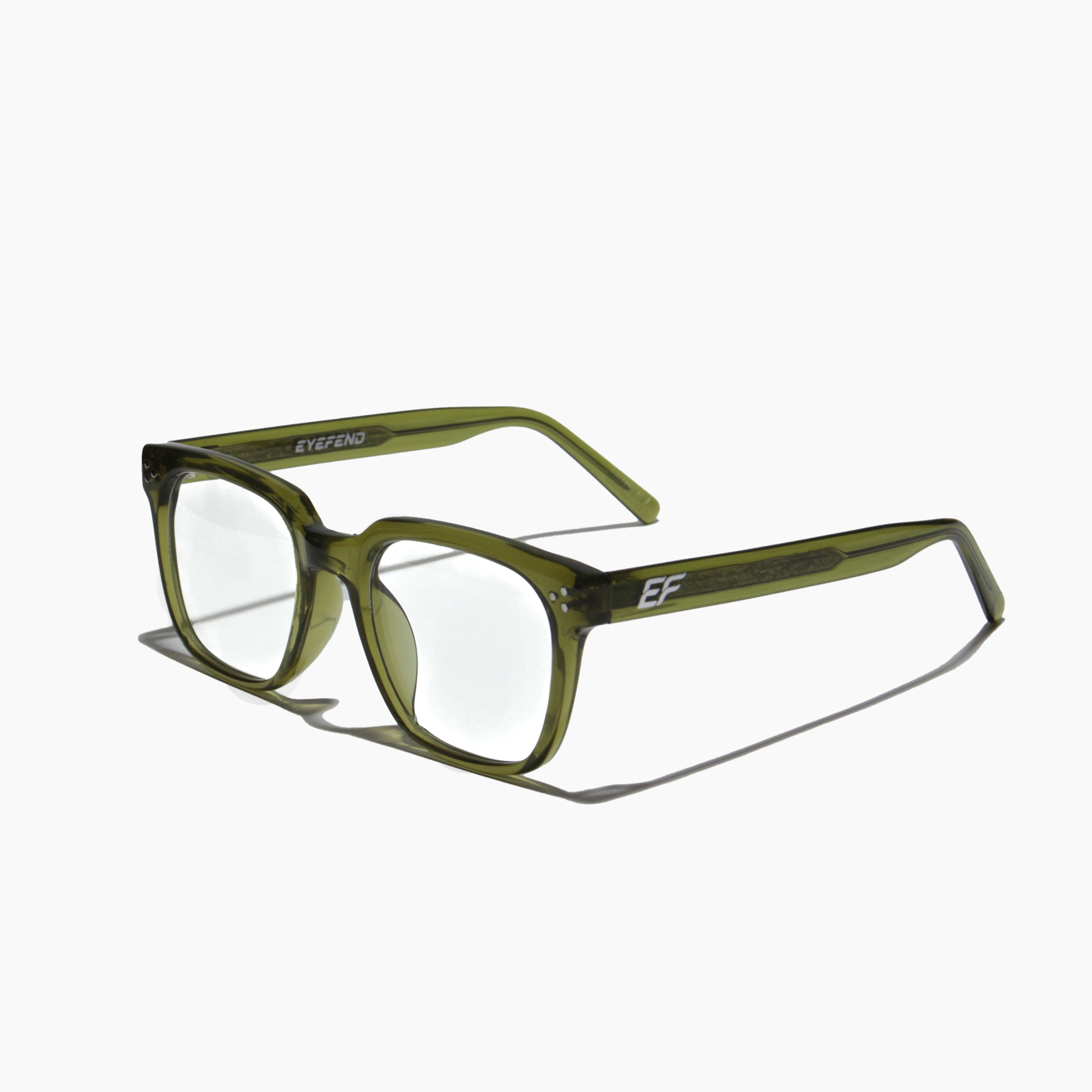 Olive green rectangular photochromic blue light blocking glasses by EyeFend.