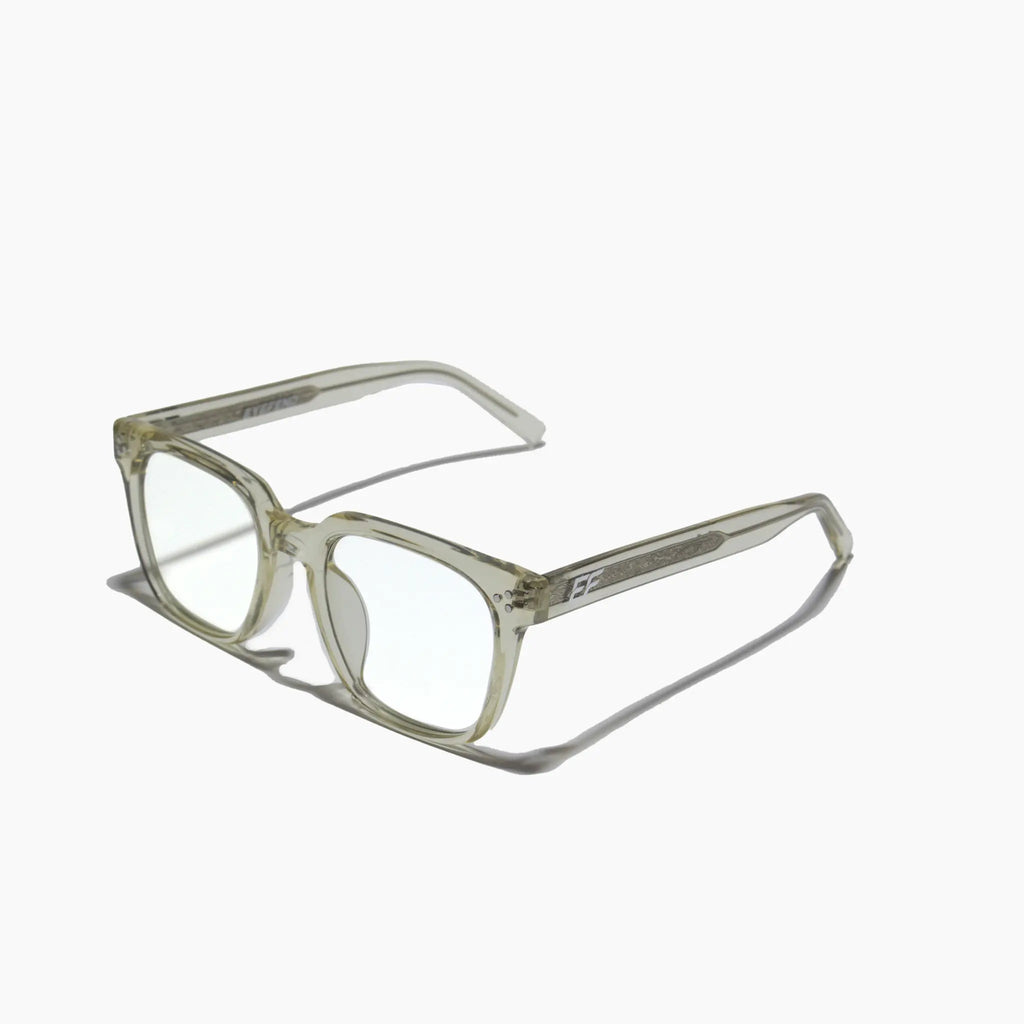 EyeFend premium photochromic blue light glasses with a translucent, minimalist frame and durable multi-barrel rivet hinges.