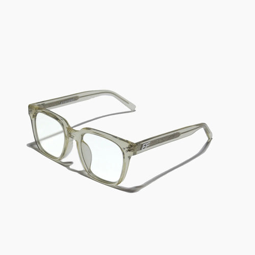 EyeFend premium photochromic blue light glasses with a translucent, minimalist frame and durable multi-barrel rivet hinges.