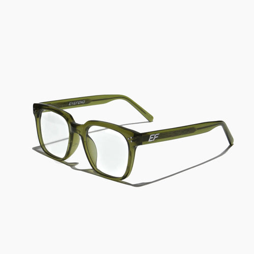 EyeFend premium photochromic blue light glasses in olive, featuring a minimalist structural frame and durable multi-barrel rivet hinges