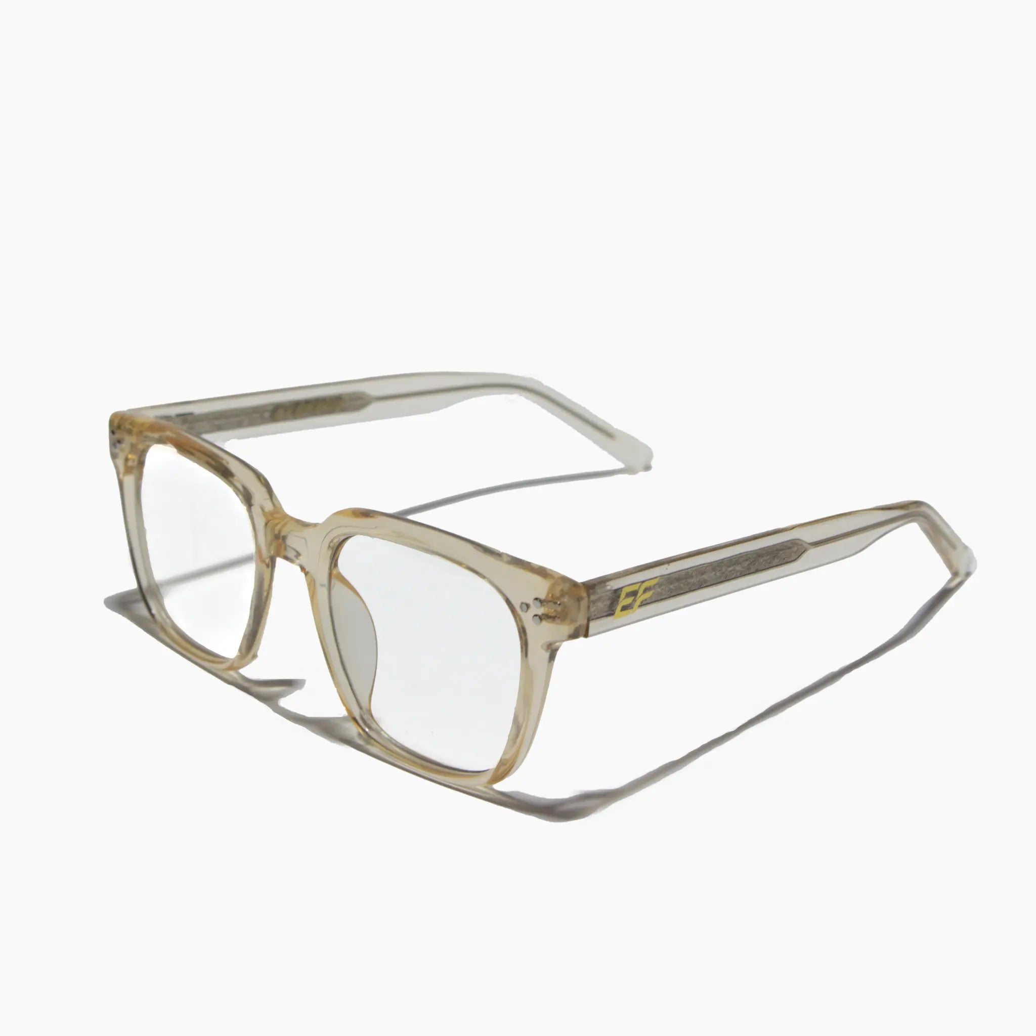 EyeFend premium photochromic blue light glasses with a translucent, minimalist frame and durable multi-barrel rivet hinges.