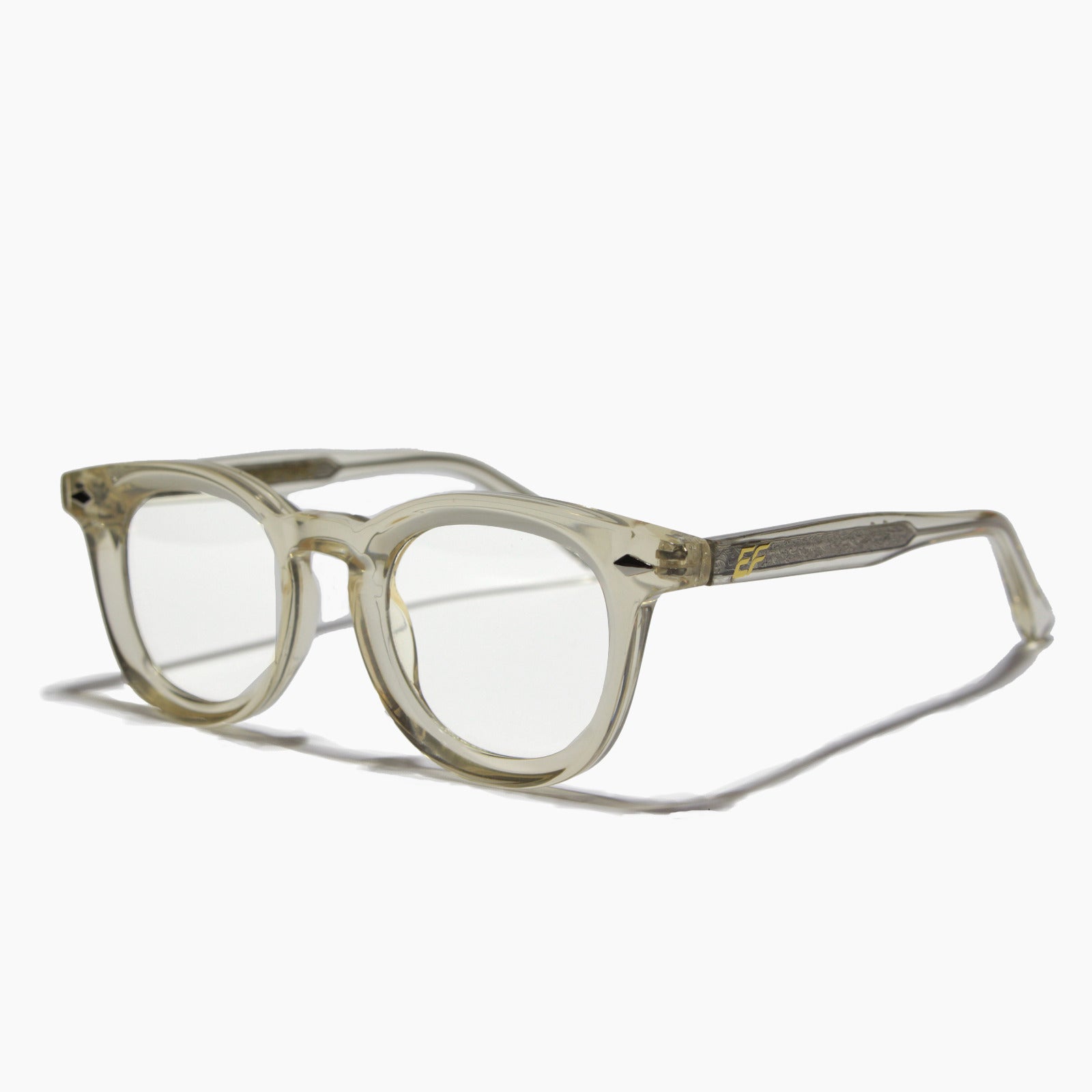 EyeFend premium photochromic blue light glasses in yellow, featuring a minimalist structural frame and  reinforced barrel hinges.