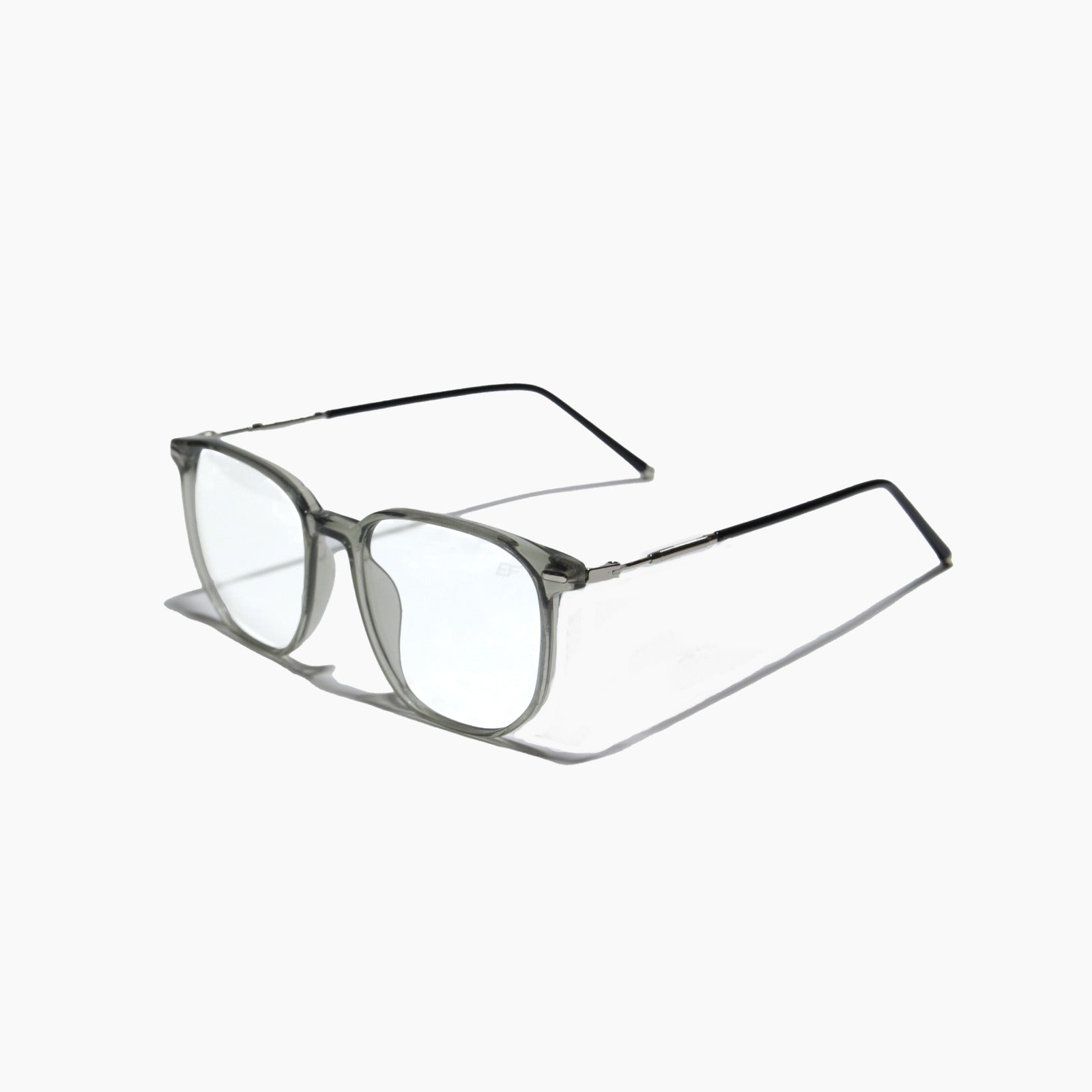 EyeFend premium photochromic blue light glasses in gray with sleek metallic temples, featuring a minimalist structural frame and solid metal hinges.