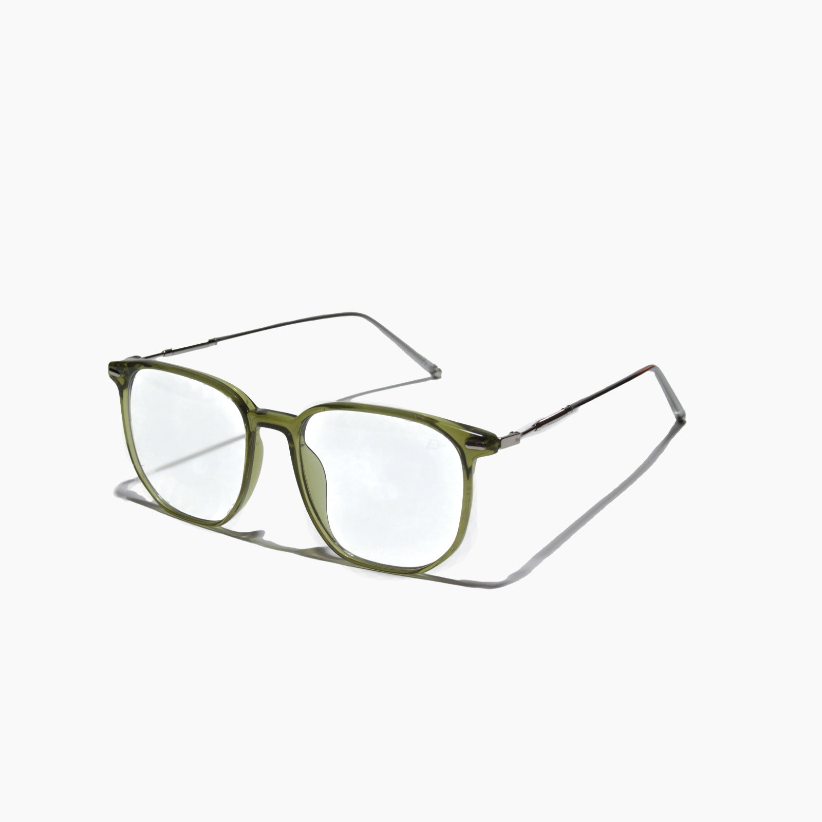 EyeFend premium photochromic blue light glasses in green with sleek metallic temples, featuring a minimalist structural frame and solid metal hinges.