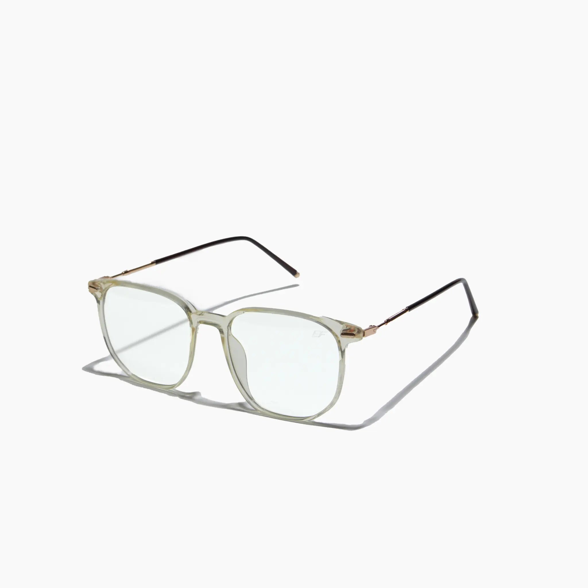 EyeFend premium photochromic blue light glasses in yellow with sleek metallic temples, featuring a minimalist structural frame and solid metal hinges.