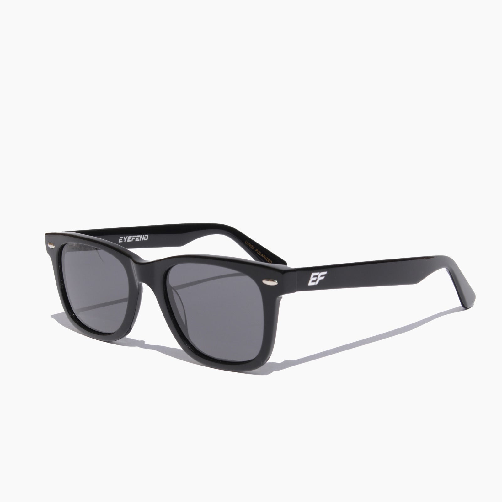 EyeFend Horizon classic square sunglasses featuring shiny black frames and polarized dark lenses.
