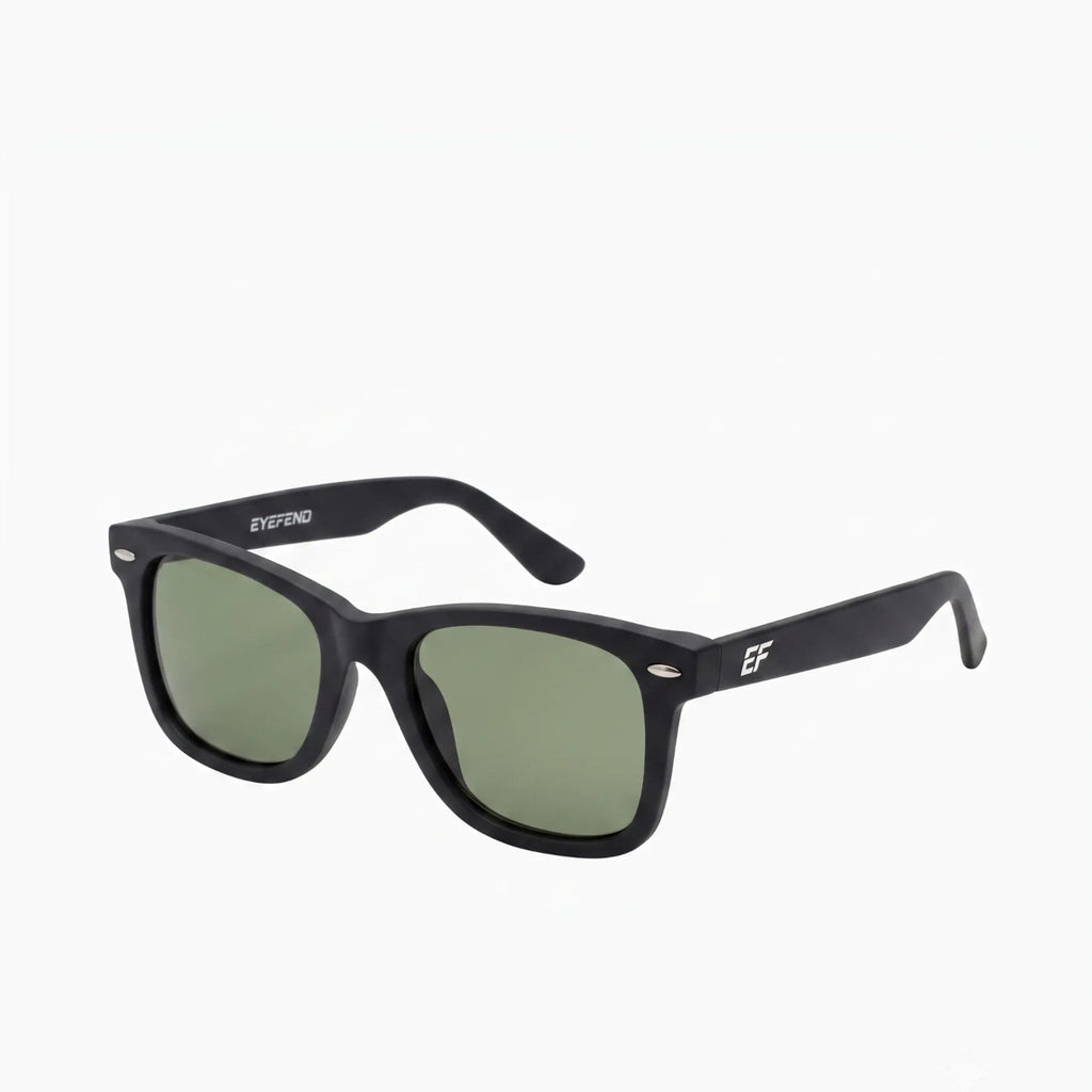 EyeFend Horizon classic square sunglasses featuring matte black frames and polarized green lenses.
