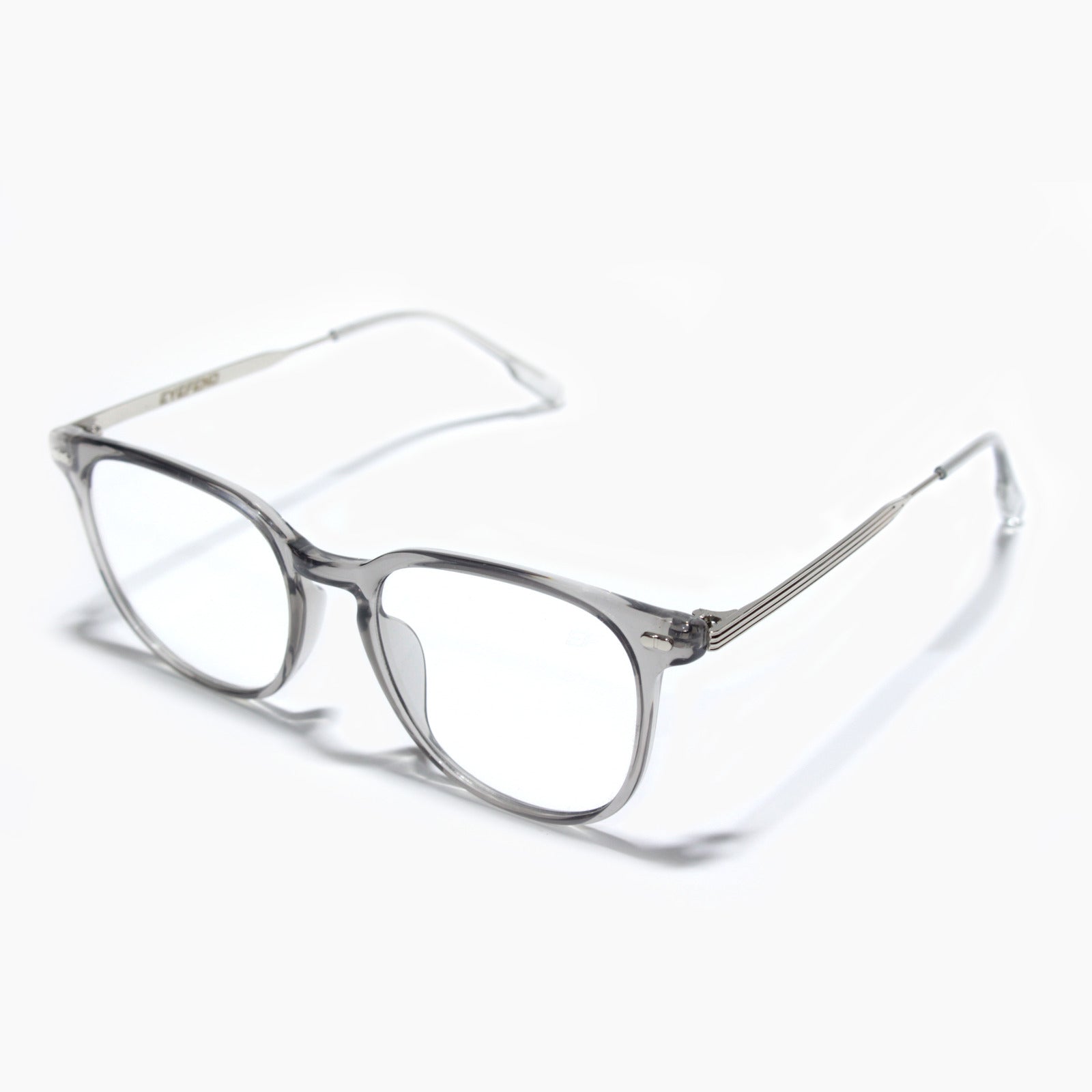 EyeFend premium photochromic blue light glasses in grey with sleek metallic temples, featuring a minimalist structural frame and solid metal hinges.