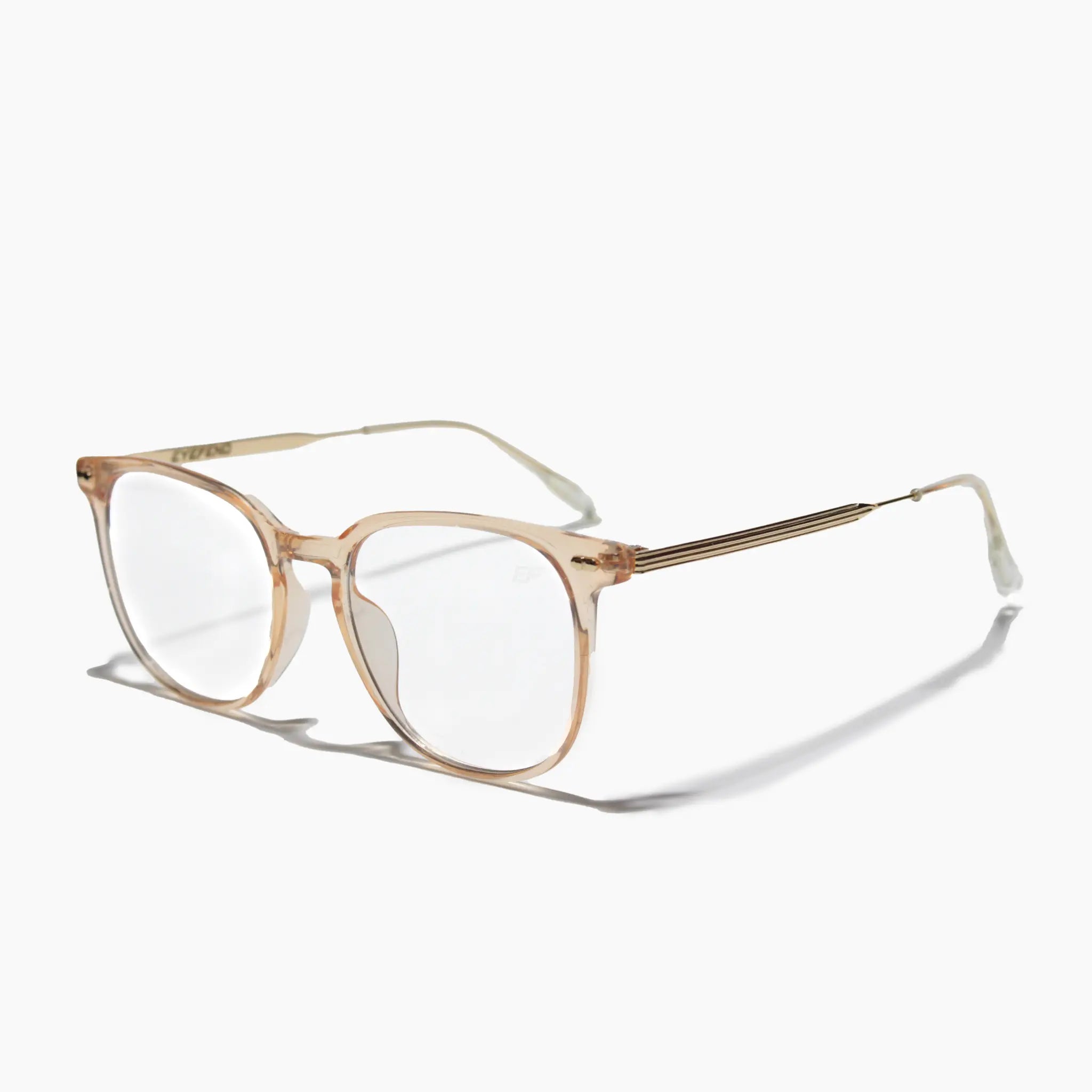 EyeFend premium photochromic blue light glasses in orange with sleek metallic temples, featuring a minimalist structural frame and solid metal hinges.