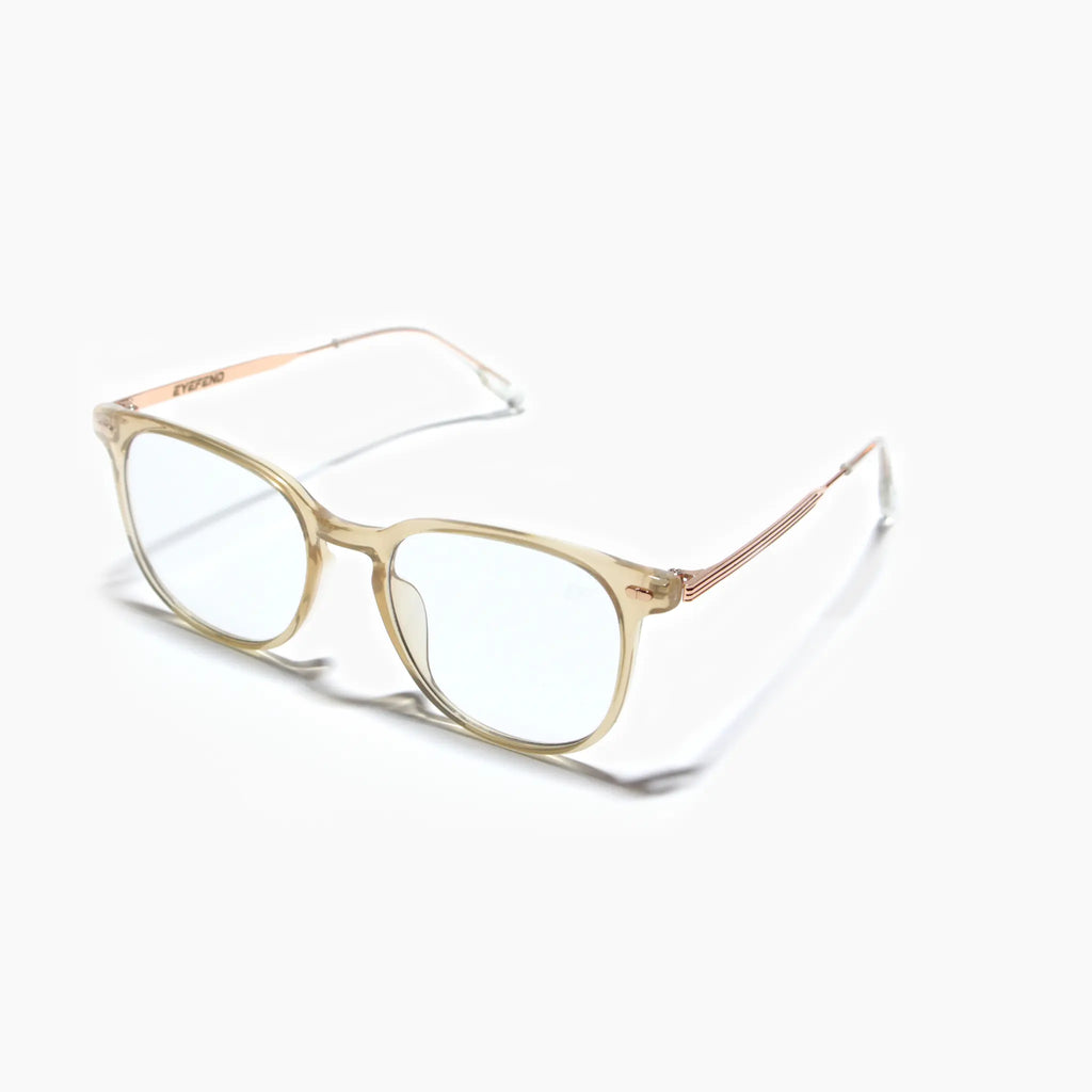 EyeFend premium photochromic blue light glasses in pink with sleek metallic temples, featuring a minimalist structural frame and solid metal hinges.