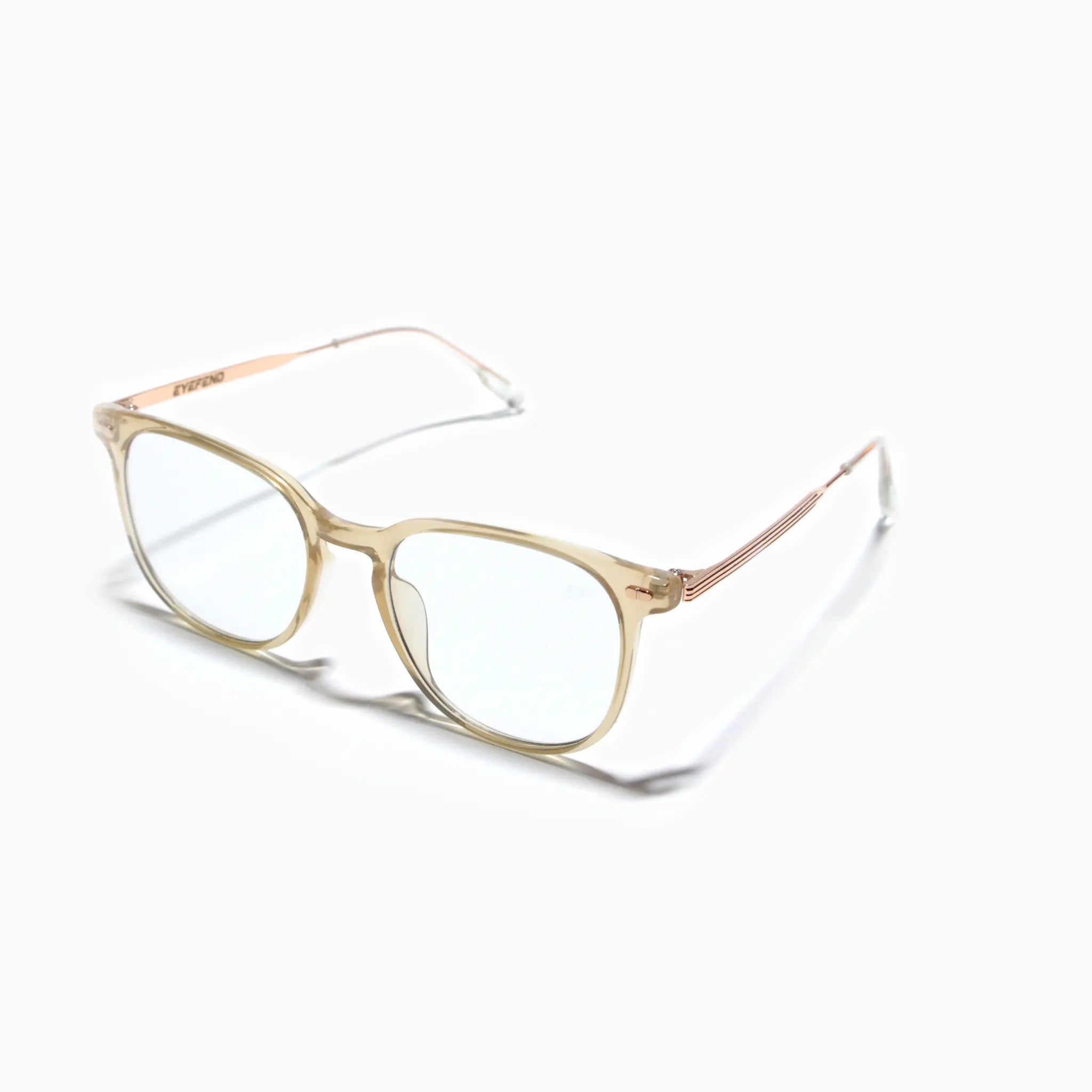 EyeFend premium photochromic blue light glasses in pink with sleek metallic temples, featuring a minimalist structural frame and solid metal hinges.