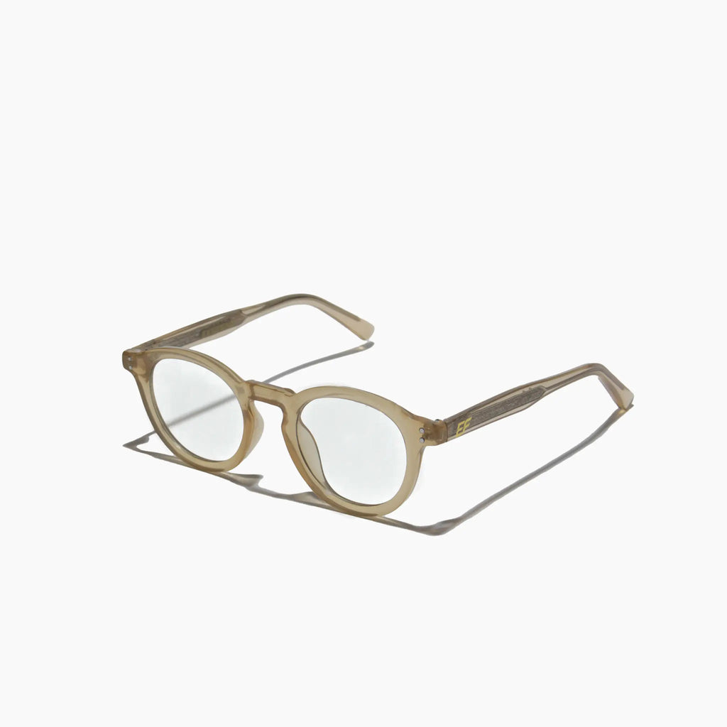 EyeFend premium photochromic blue light glasses in a pink, rounded frame, featuring a minimalist structural design and durable multi-barrel rivet hinges