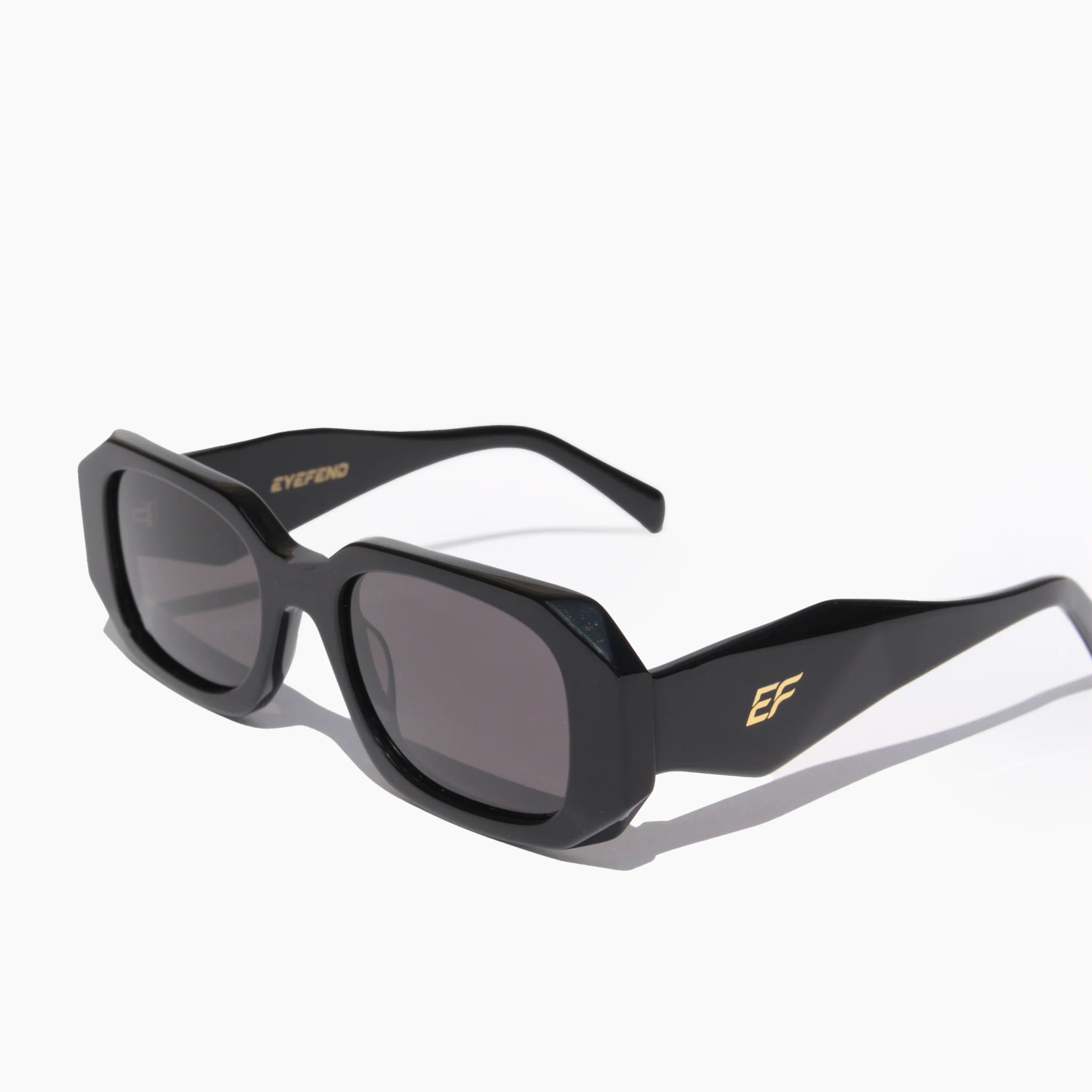 EyeFend Prestige chunky black rectangular sunglasses featuring thick geometric acetate frames, dark polarized lenses