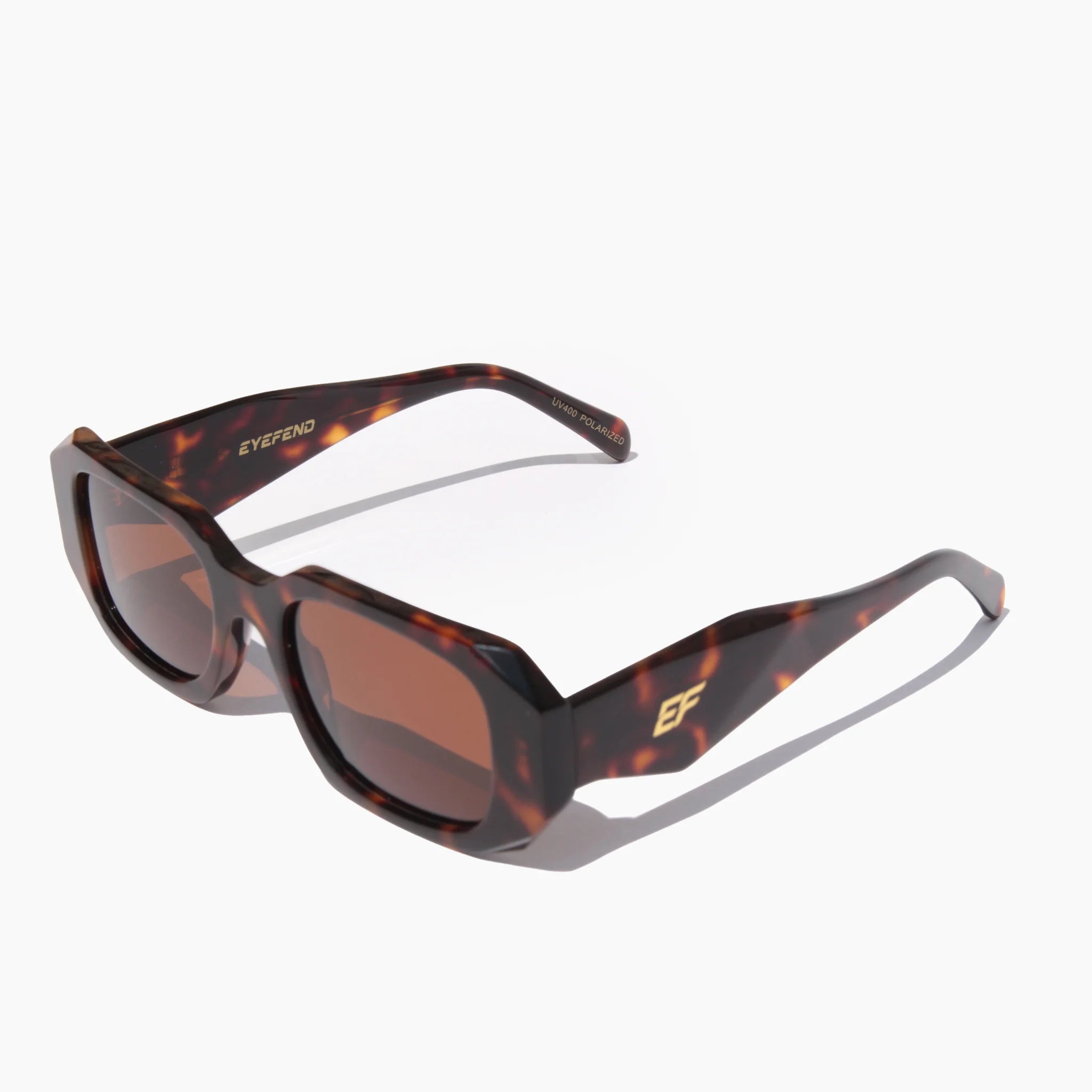 EyeFend Prestige chunky tortoiseshell rectangular sunglasses featuring thick geometric acetate frames, brown polarized lenses