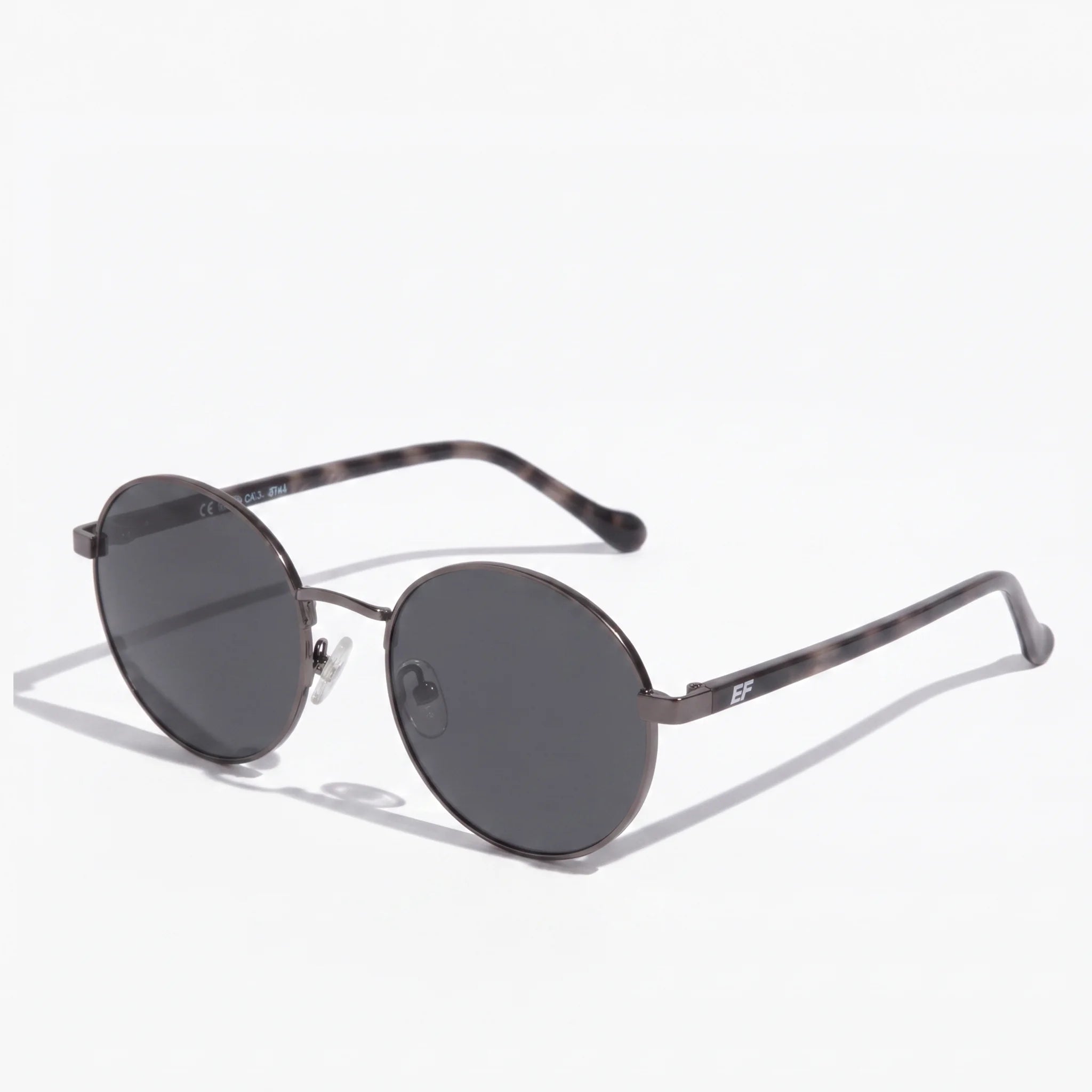 EyeFend Ray retro round sunglasses featuring silver metal wire frames, dark gray lenses, and dark dray acetate temples