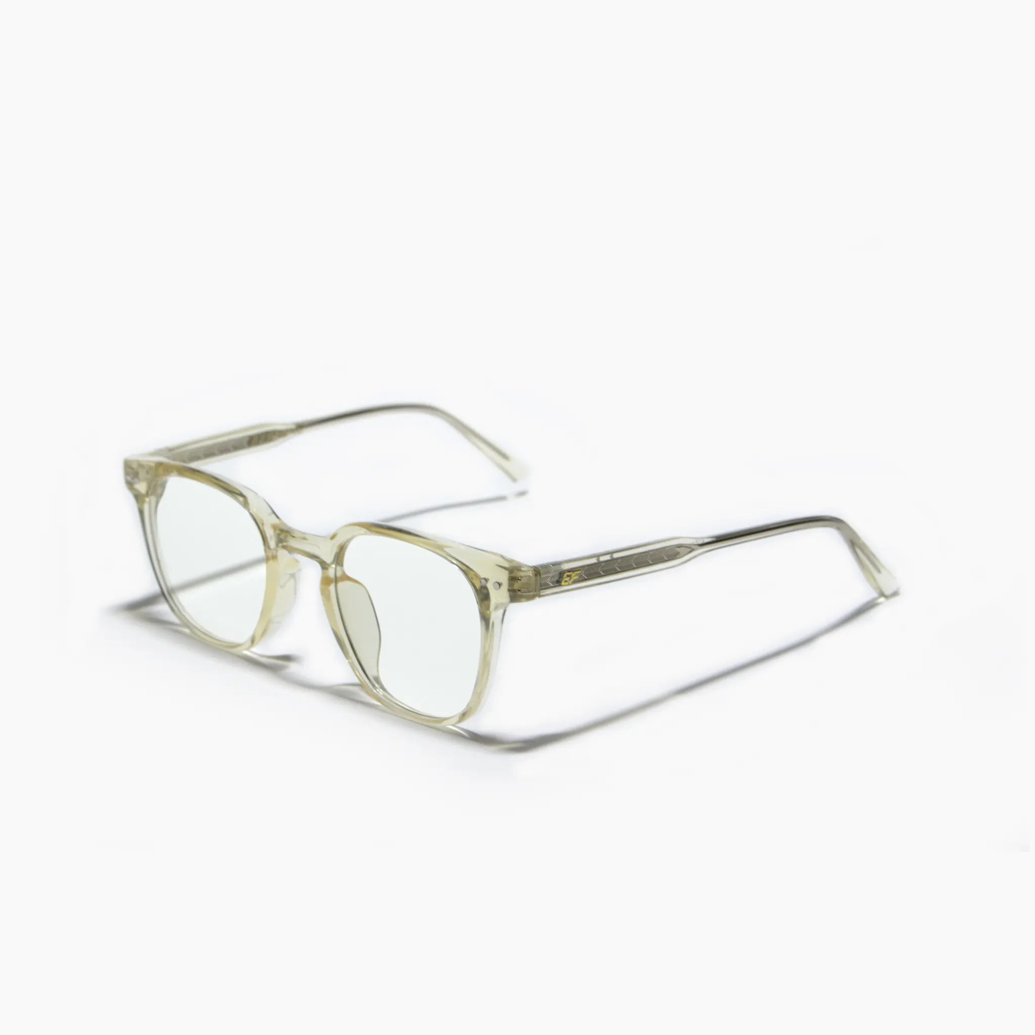 EyeFend premium photochromic blue light glasses in a rounded translucent frame, featuring a minimalist structural design and durable multi-barrel rivet hinges.