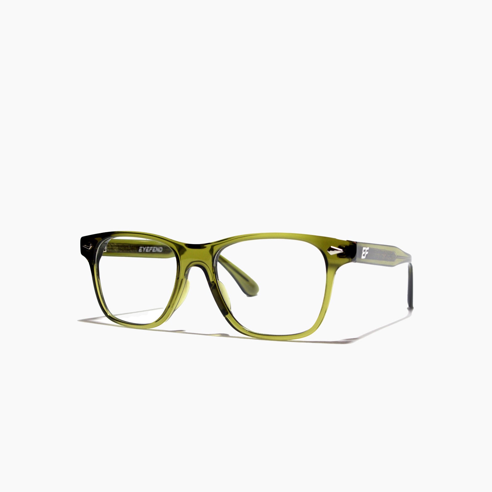 EyeFend premium photochromic blue light glasses in a rectangular translucent frame, featuring a minimalist structural design and durable multi-barrel rivet hinges.