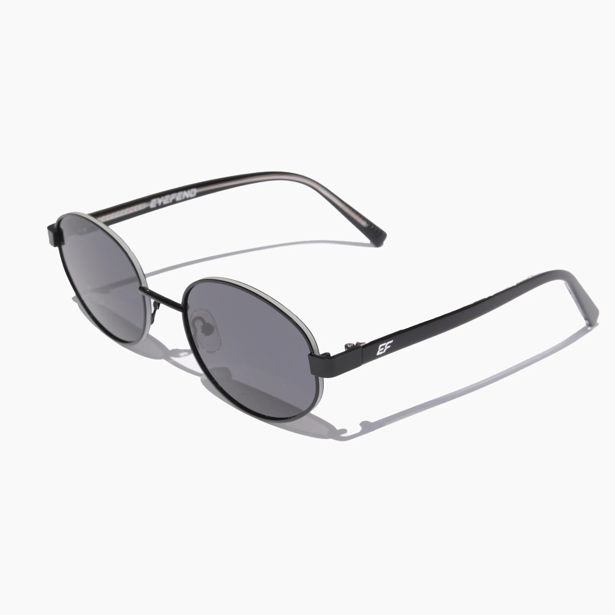 EyeFend Sharp round acetate sunglasses featuring black metal frames, dark gray polarized lenses