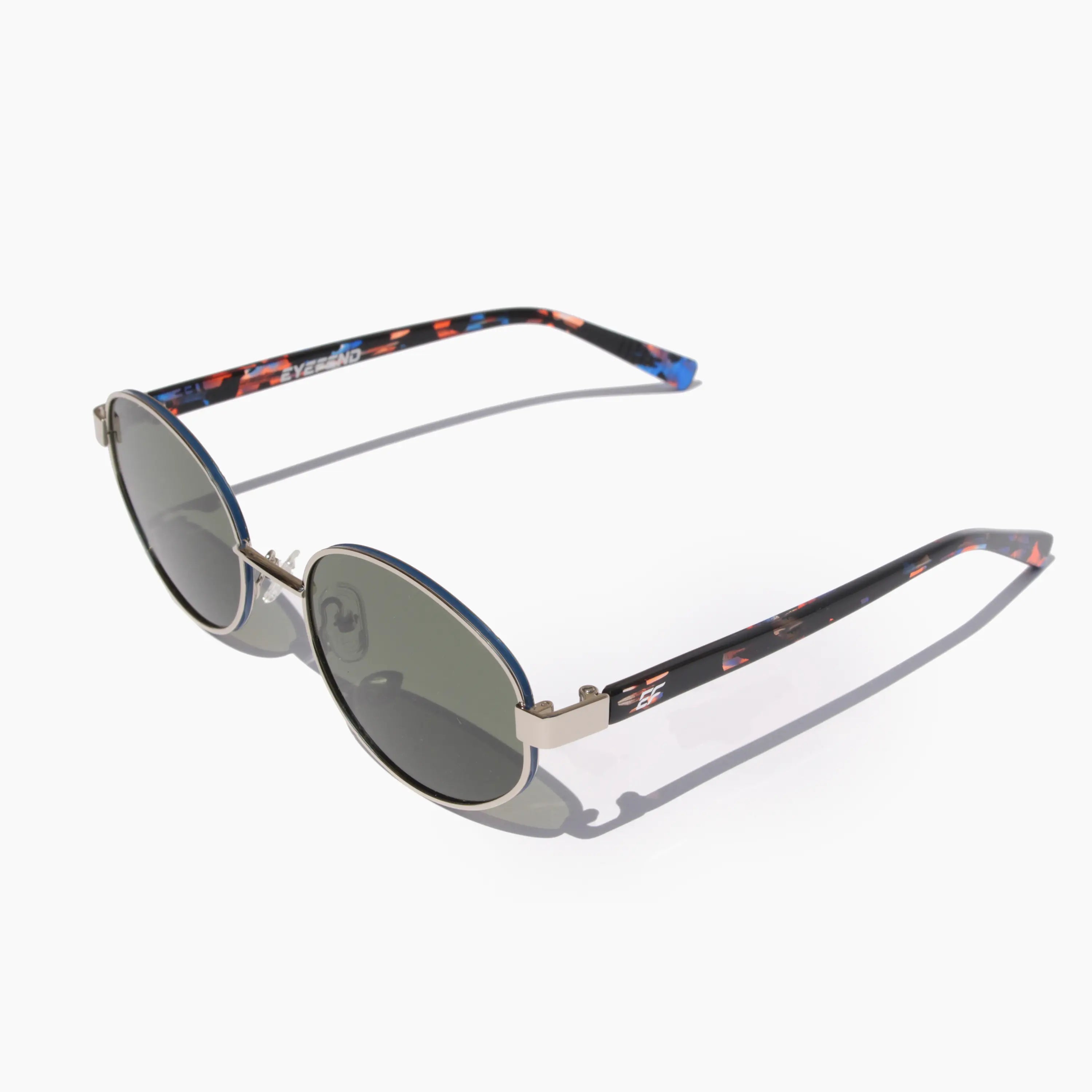 EyeFend Sharp round acetate sunglasses featuring silver metal frames, green polarized lenses, and multi-colored tortoiseshell temple arms.