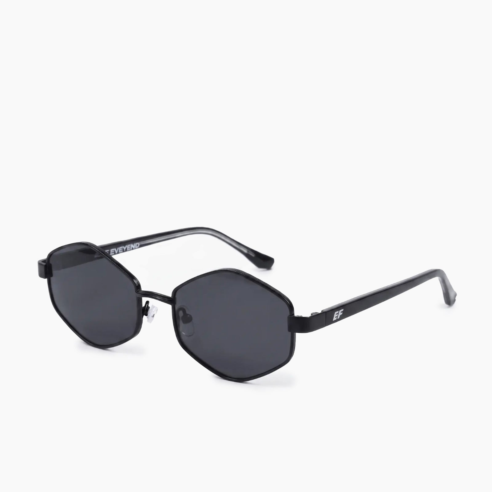 EyeFend Smart sunglasses featuring black geometric hexagonal frames with dark polarized lenses and  acetate temples.