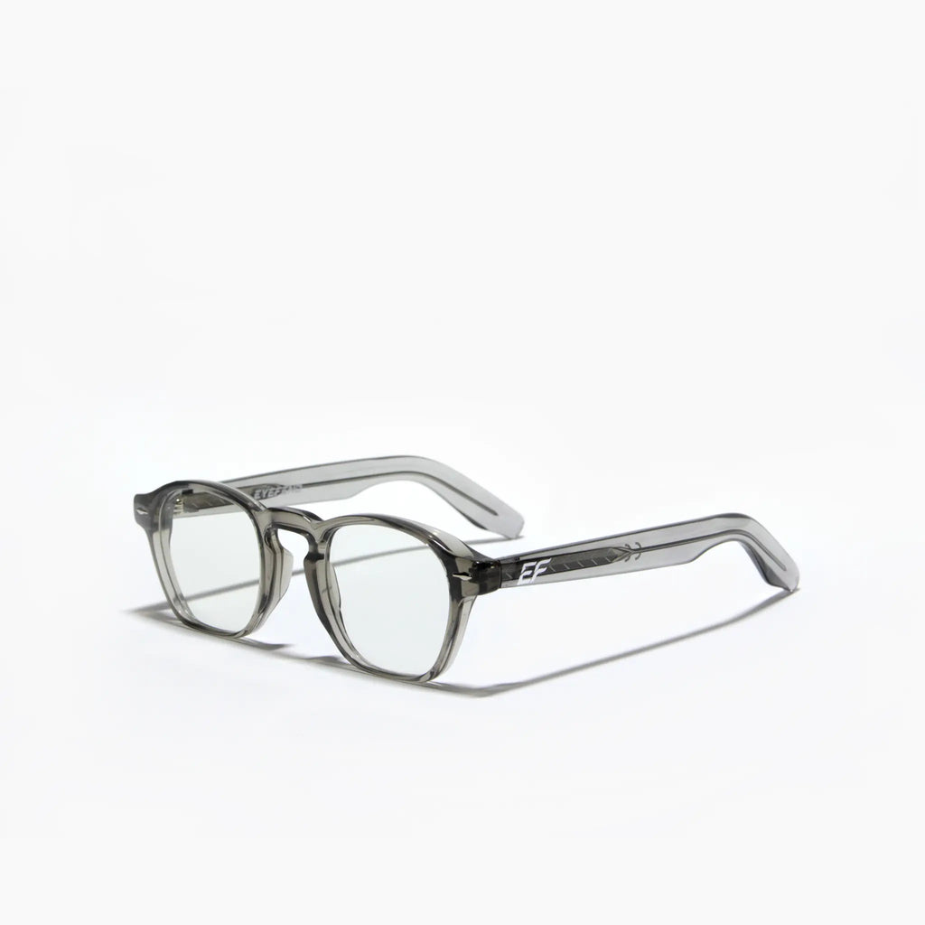 EyeFend premium photochromic blue light glasses in an olive, retro rounded frame, featuring a minimalist structural design and durable multi-barrel rivet hinges.