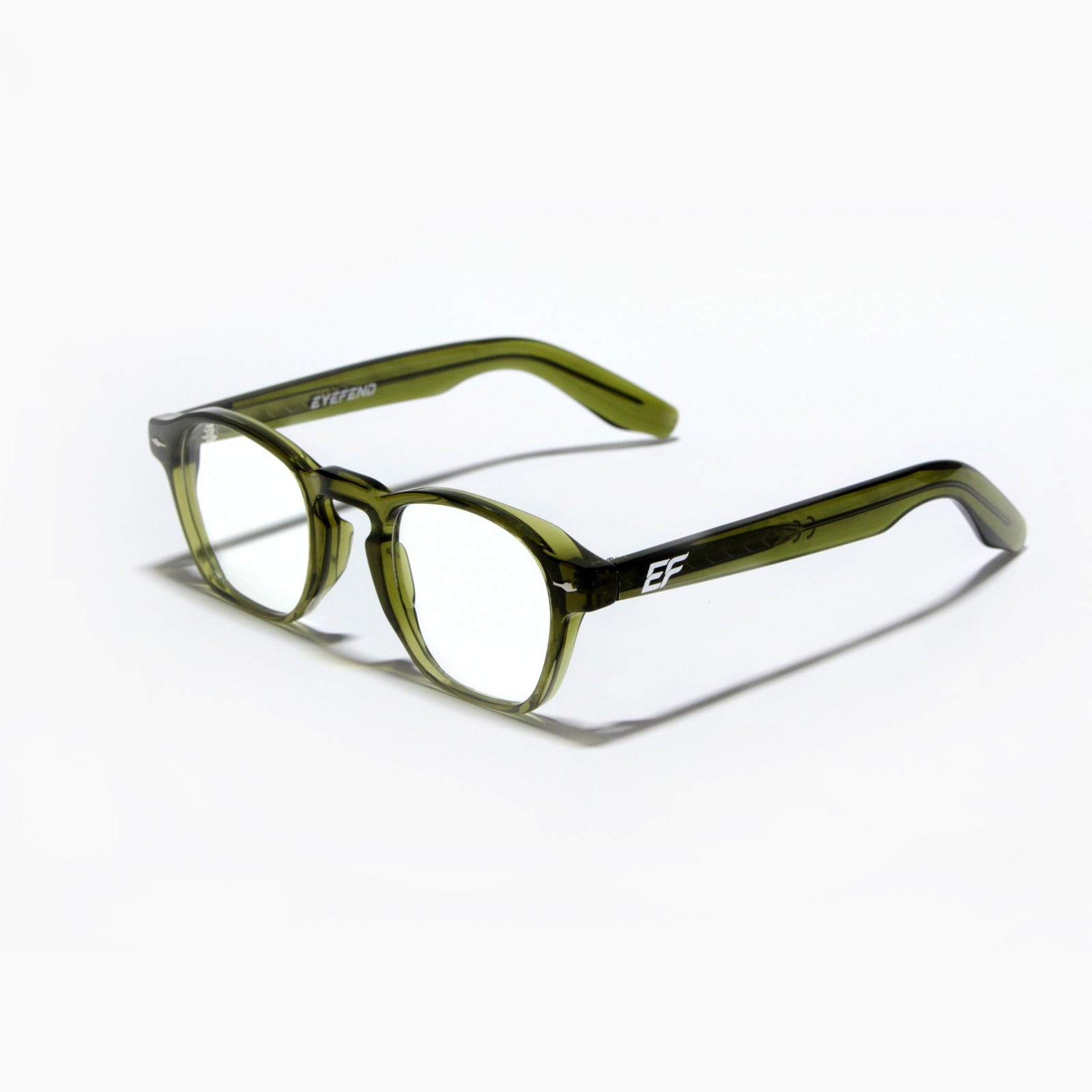 EyeFend premium photochromic blue light glasses in a green retro rounded frame, featuring a minimalist structural design and durable multi-barrel rivet hinges.